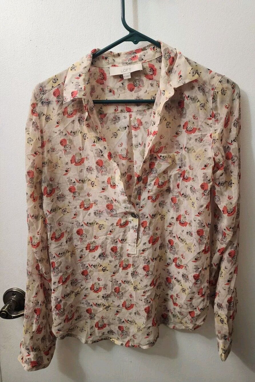 Ann Taylor Loft Shirt Floral Sheer Long Sleeve Xtra Small
